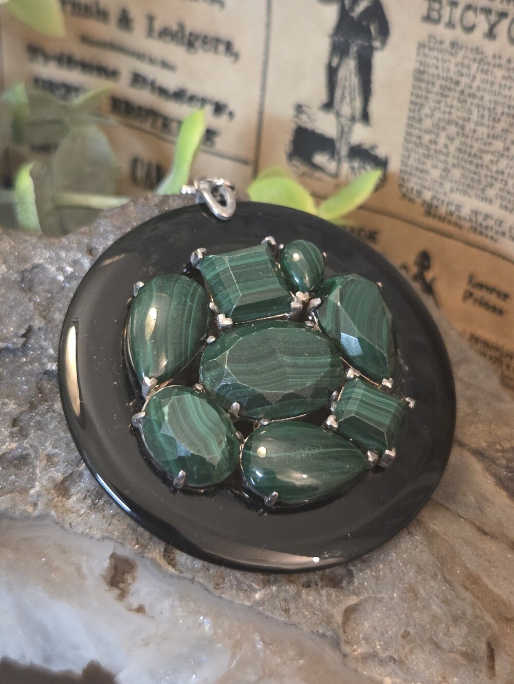 Gorgeous Sterling Silver Malachite, and Onyx Pendant/Enhancer